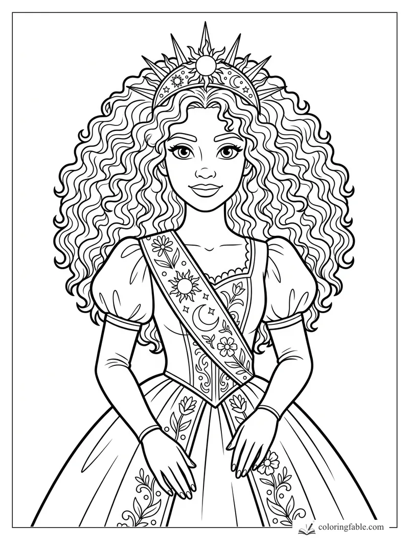 Princess coloring page with curly hair, celestial crown, puff sleeves, and floral sash gown