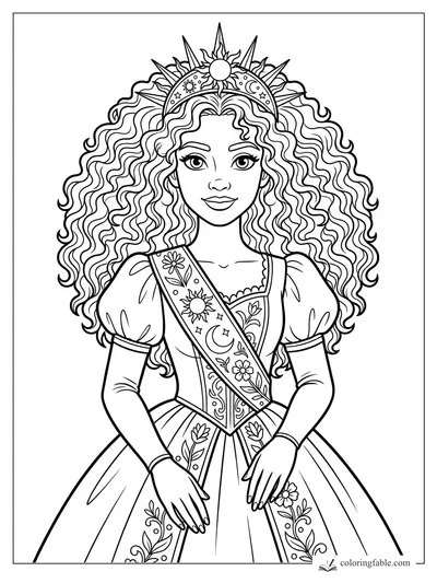 Princess coloring page with curly hair, celestial crown, puff sleeves, and floral sash gown