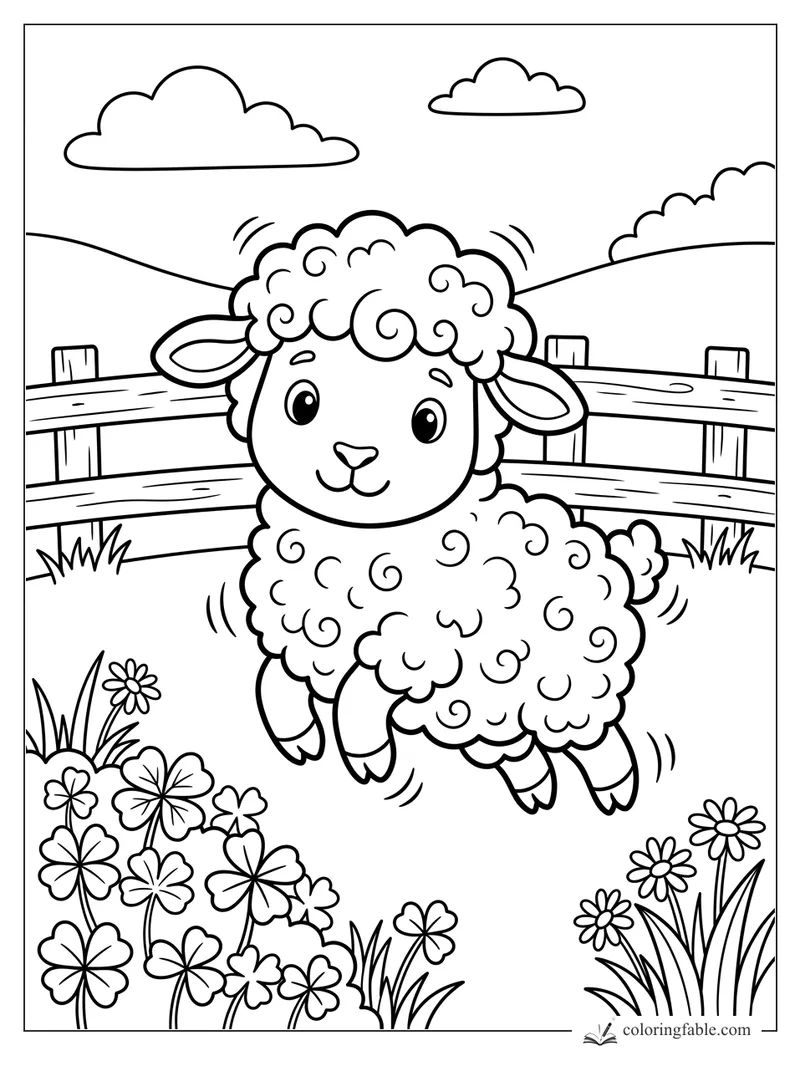 Cartoon lamb with curly wool jumping beside a wooden fence, clover flowers, daisies, hills, and clouds.