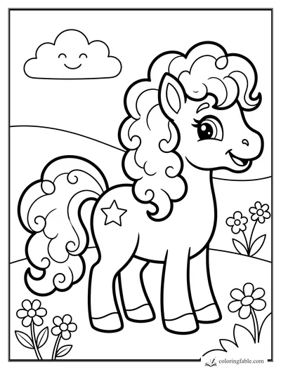 Smiling cartoon pony with curly mane, star mark, flowers, hills, and a happy cloud.
