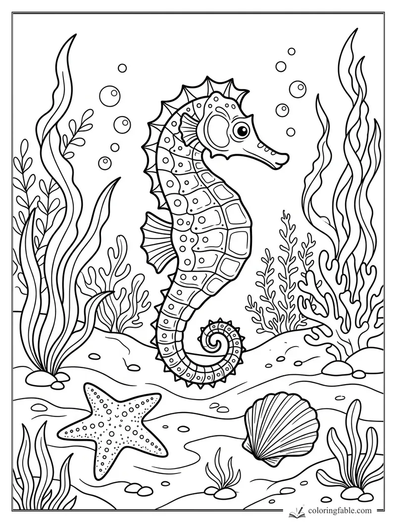 Seahorse coloring page with a curled tail, seaweed, bubbles, starfish, and scallop shell on the ocean floor.
