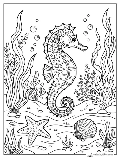 Seahorse coloring page with a curled tail, seaweed, bubbles, starfish, and scallop shell on the ocean floor.