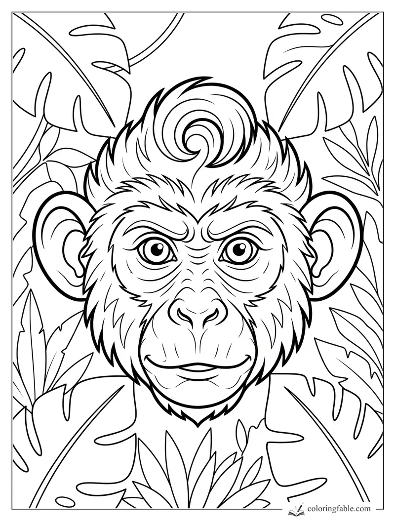 Close-up monkey face with a spiral hair tuft, wide ears, bright eyes, and large tropical leaves.