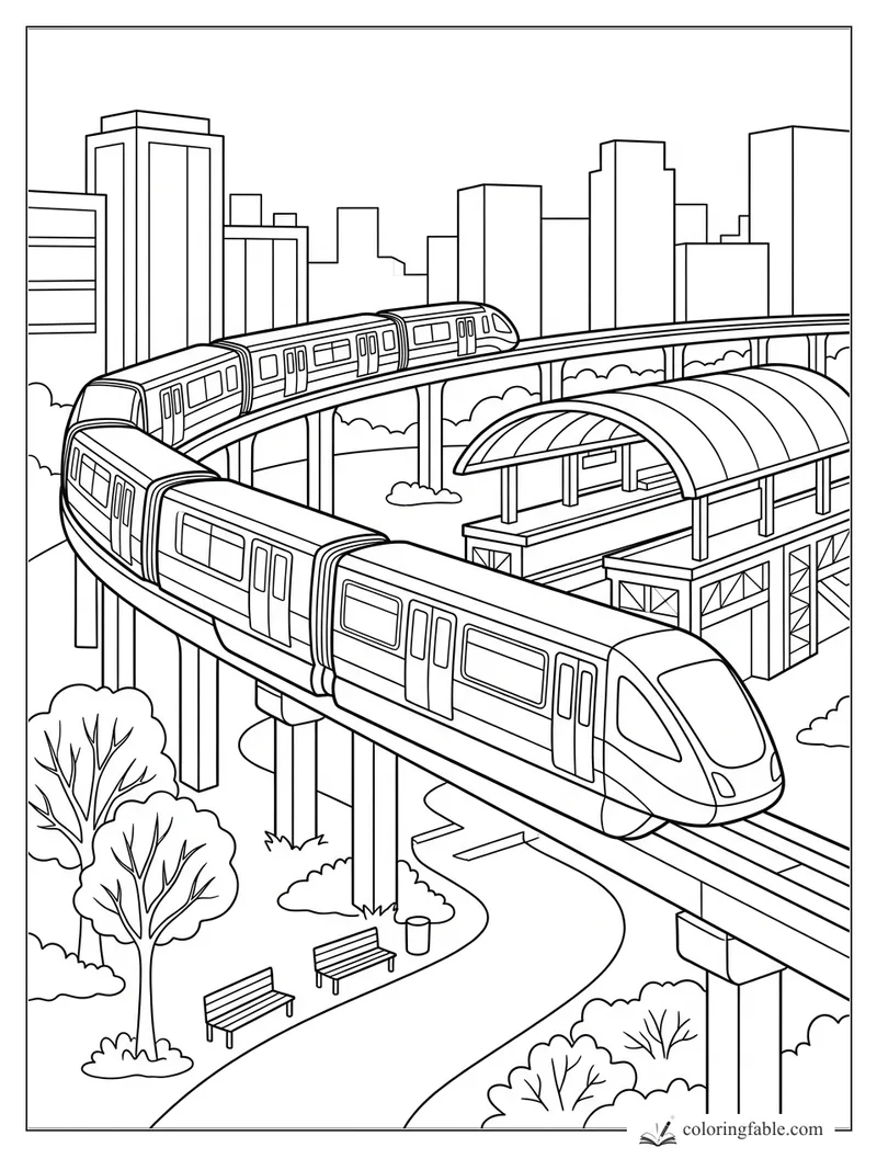 Elevated city train curving past a covered station, skyline, trees, benches, and park path