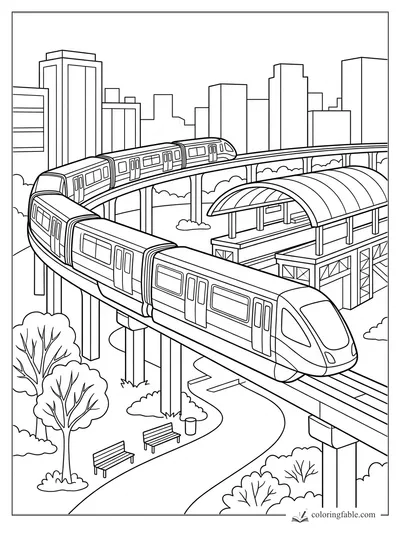 Elevated city train curving past a covered station, skyline, trees, benches, and park path