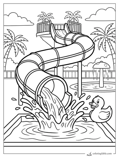 Cartoon water park slide pouring into a splash pool beside a smiling duck, palm trees, and mushroom fountain