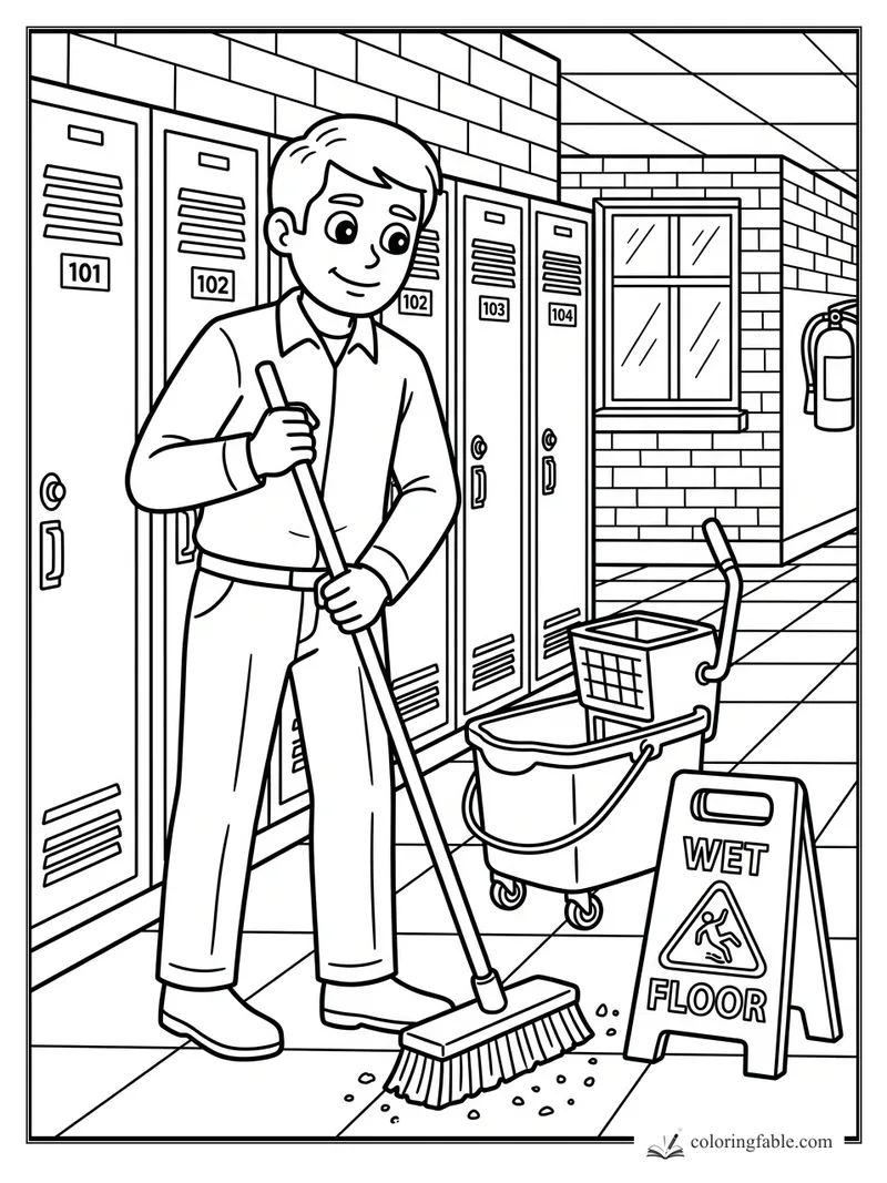 Smiling school custodian sweeps crumbs beside lockers, a mop bucket, and a wet floor sign.