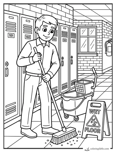 Smiling school custodian sweeps crumbs beside lockers, a mop bucket, and a wet floor sign.