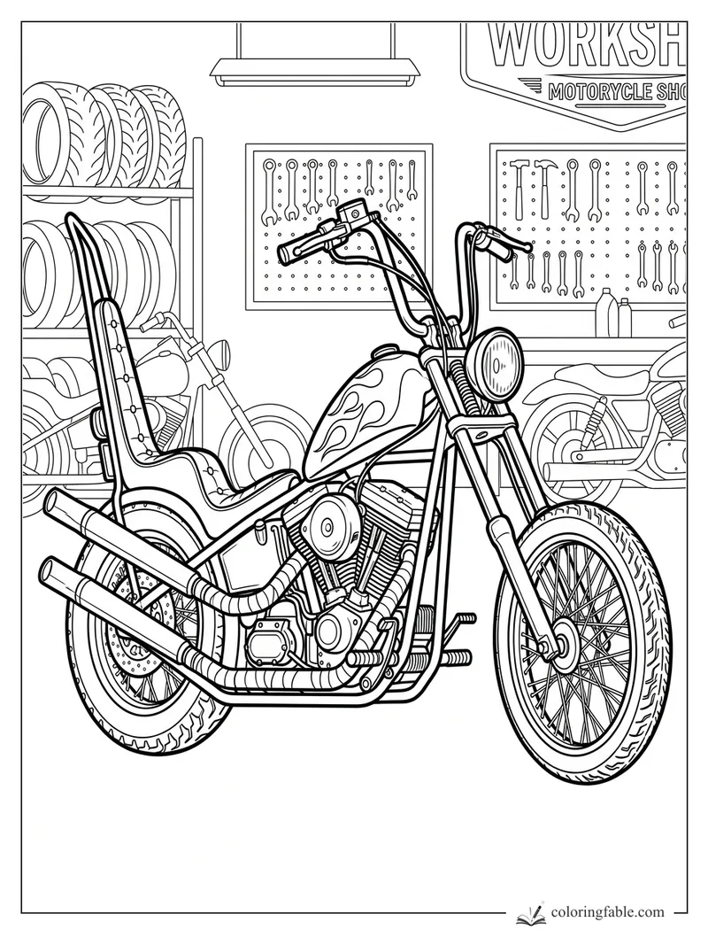 Custom chopper motorcycle with flame tank, tall seat, tool boards, tires, and workshop sign
