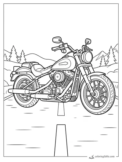 Detailed cruiser motorcycle parked on a road with pine trees, hills, and mountains behind it.