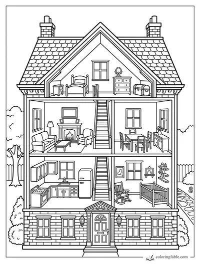 Cutaway house coloring page with attic bedroom, living room, kitchen, nursery, stairs, chimneys, and garden.