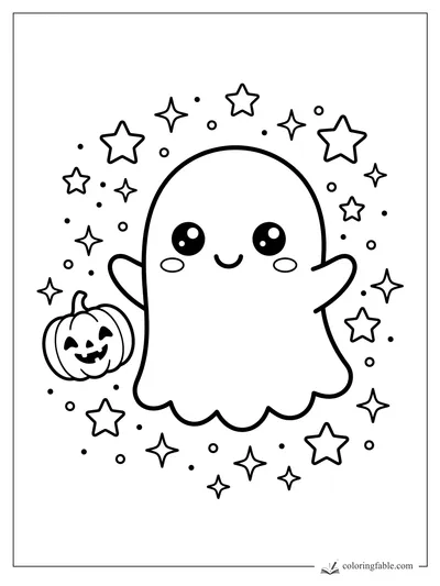 Kawaii Halloween ghost waving beside a smiling pumpkin, surrounded by stars and dots