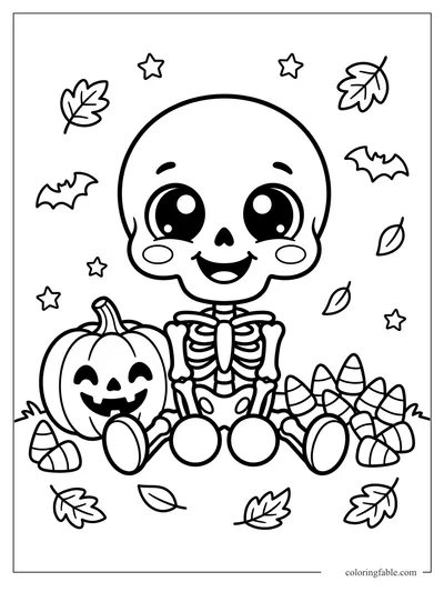 Kawaii skeleton sitting with a jack-o'-lantern, candy corn, bats, stars, and fall leaves.