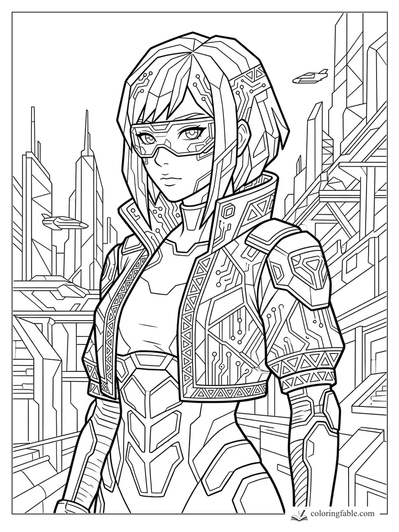 Geometric anime cyber guardian with visor, circuit armor, flying ships, and sharp futuristic towers