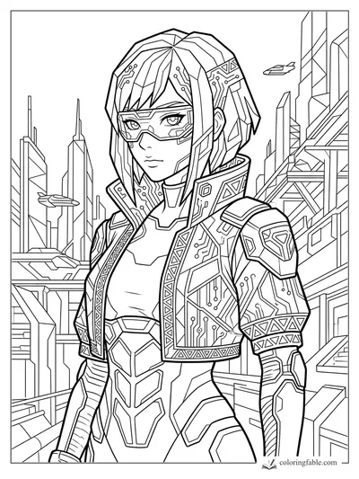 Geometric anime cyber guardian with visor, circuit armor, flying ships, and sharp futuristic towers