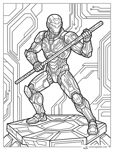 Geometric cyber ninja in armored suit holding a bo staff on a circuit-pattern platform