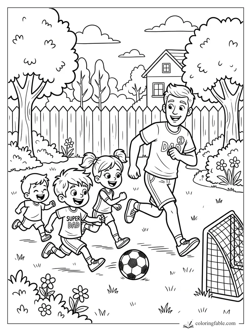 Cartoon dad and three kids running after a soccer ball toward a backyard goal