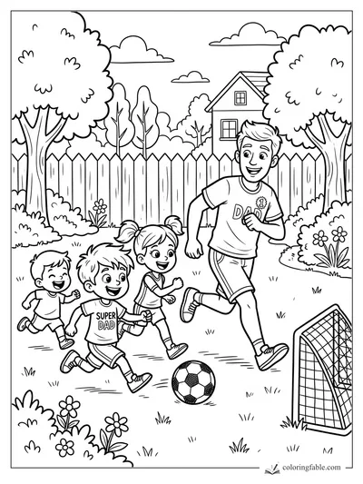 Cartoon dad and three kids running after a soccer ball toward a backyard goal