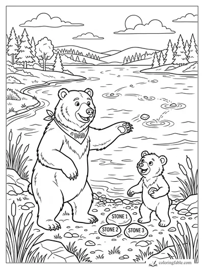 Dad bear and cub by a lake with labeled skipping stones, ripples, pines, hills, clouds, and cattails.
