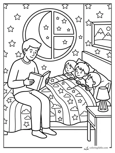 Dad reading bedtime story to three children in bed, with moon window, stars, lamp, and mountain picture