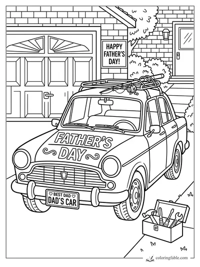 Father’s Day car coloring page with tools, roof rack, fishing rod, garage, and Best Dad license plate