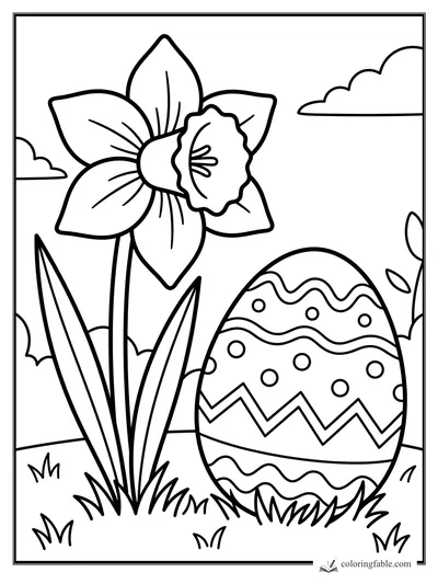 Bold daffodil with long leaves beside a decorated Easter egg in grass, with simple clouds.