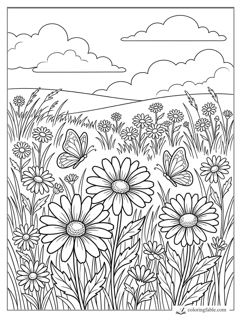 Daisy field coloring page with butterflies, tall grass, rolling hills, and puffy clouds
