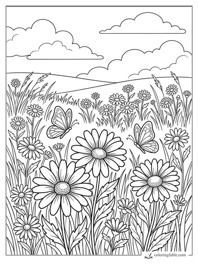 Daisy field coloring page with butterflies, tall grass, rolling hills, and puffy clouds