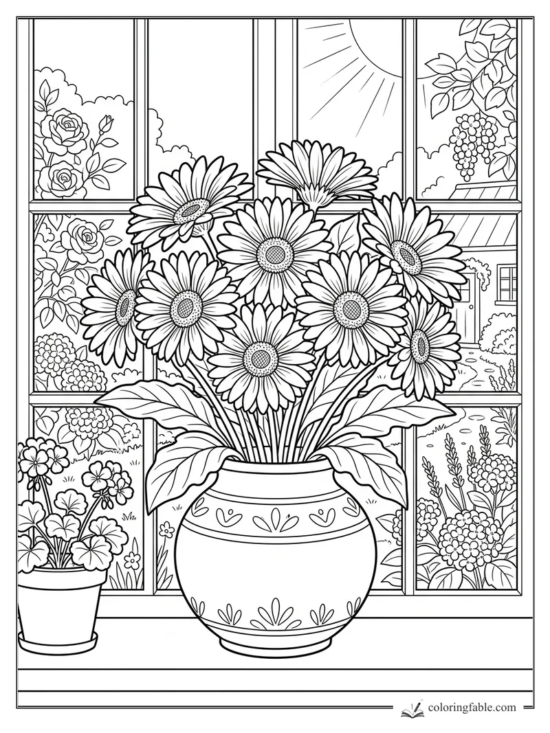 Daisy bouquet in a patterned vase on a windowsill with roses, potted flowers, sun, and garden path outside