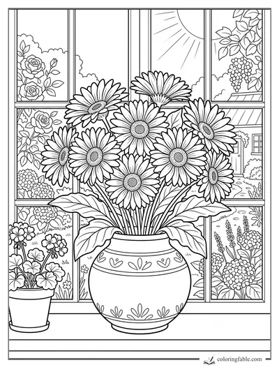 Daisy bouquet in a patterned vase on a windowsill with roses, potted flowers, sun, and garden path outside