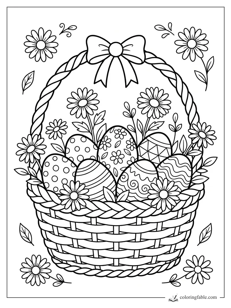 Woven Easter basket with daisies, patterned eggs, leaves, and a bow on the handle