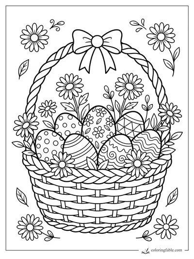 Woven Easter basket with daisies, patterned eggs, leaves, and a bow on the handle