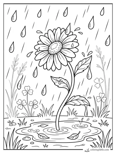 Daisy leaning over a puddle in heavy rain with leaves, grasses, clover flowers, and falling raindrops