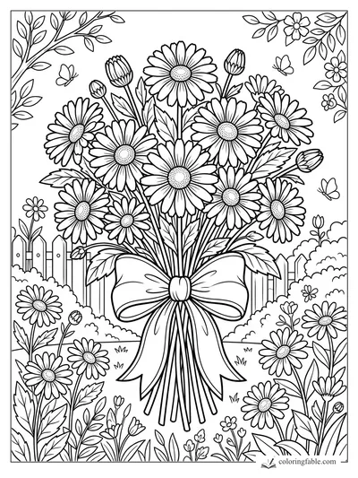 Daisy bouquet tied with a large bow, garden fence, leafy branches, buds, and butterflies coloring page