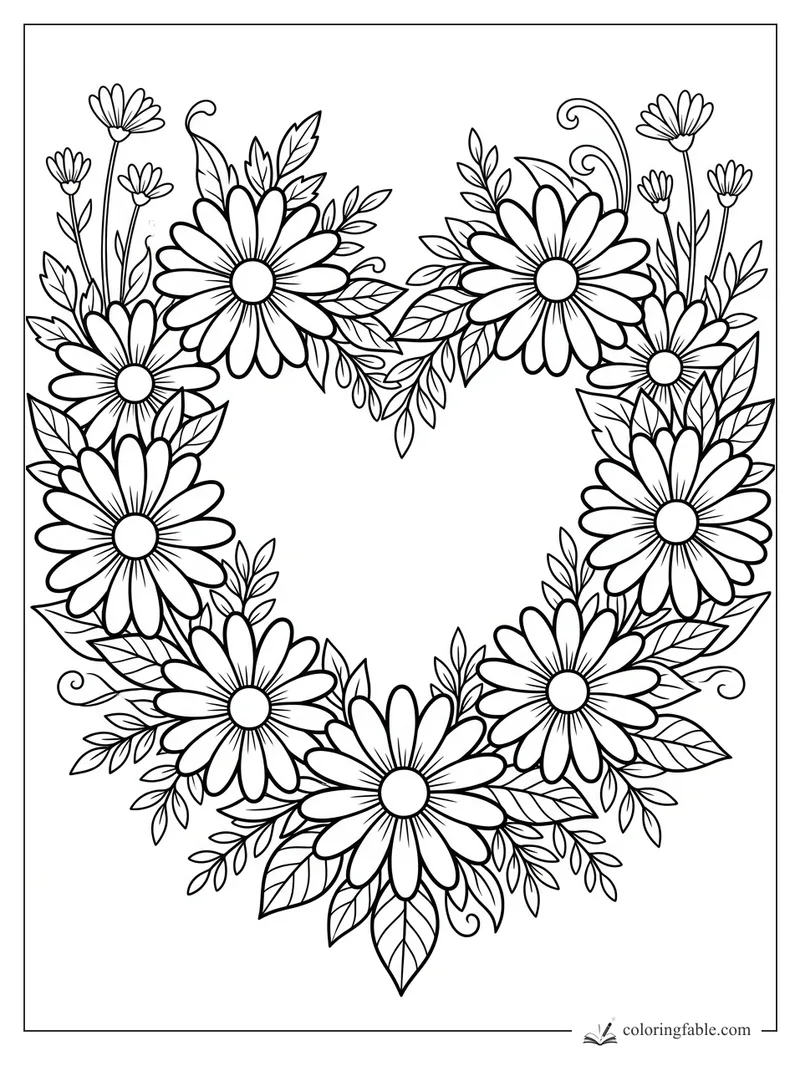 Floral heart coloring page with daisies, leaves, and curling vines forming a heart wreath.