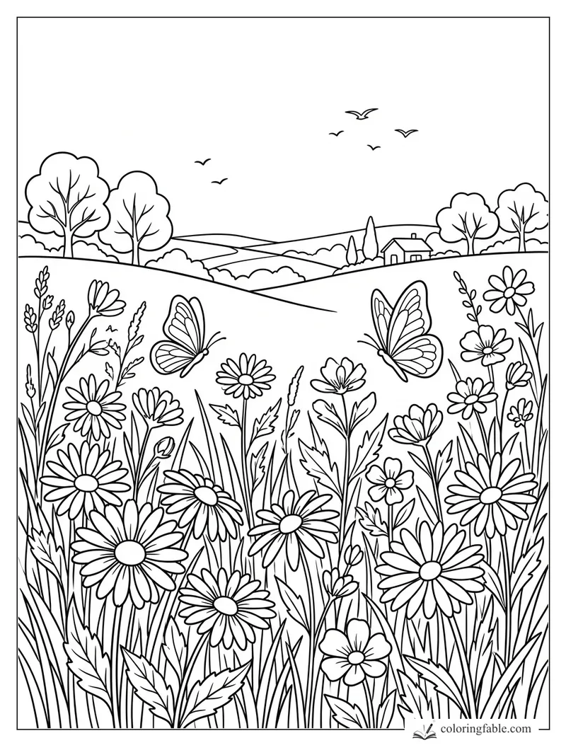 Floral landscape coloring page with daisies, two butterflies, rolling hills, birds, trees, and a small cottage.