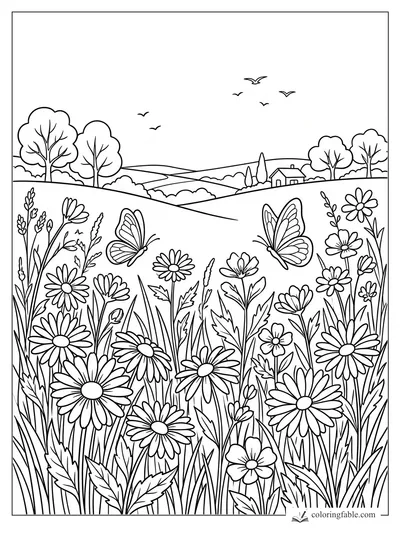 Floral landscape coloring page with daisies, two butterflies, rolling hills, birds, trees, and a small cottage.