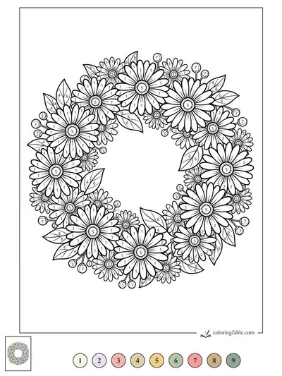 Daisy Wreath with Leaves and Berry Sprigs — color by number