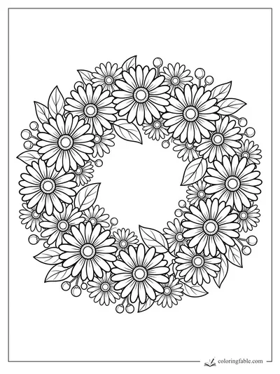 Circular daisy wreath coloring page with layered petals, pointed leaves, berry stems, and an open center