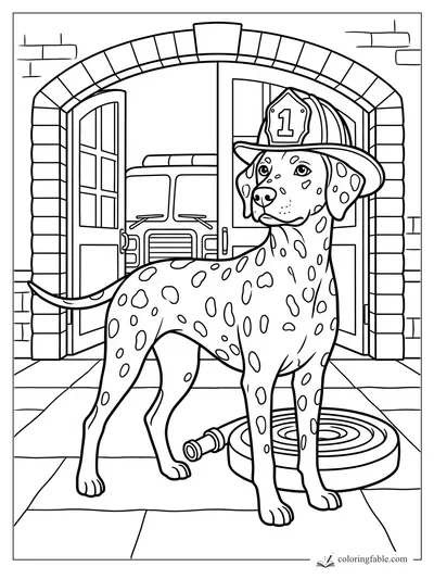 Dalmatian wearing a number 1 fire helmet outside an open firehouse with hose and truck