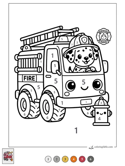 Dalmatian Puppy Driving a Kawaii Fire Truck — color by number