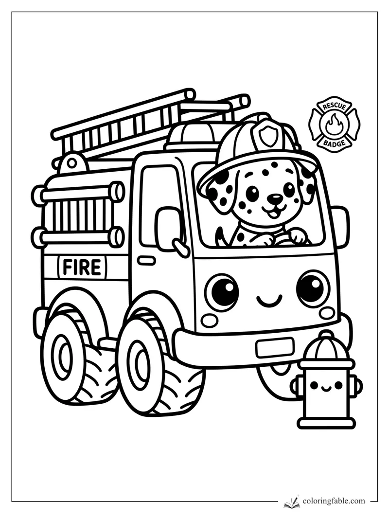 Kawaii Dalmatian puppy in a fire truck with ladder, hydrant, and rescue badge