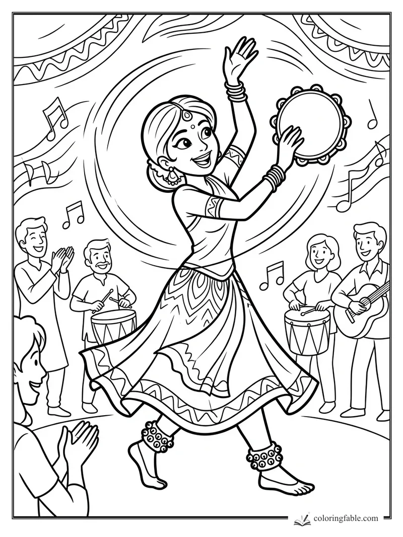Cartoon dancer with tambourine, drummers, guitarist, clapping crowd, music notes, and swirling festival banners.