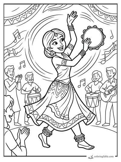Cartoon dancer with tambourine, drummers, guitarist, clapping crowd, music notes, and swirling festival banners.