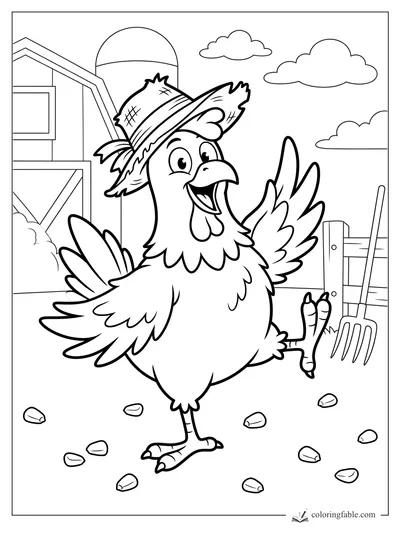 Cartoon chicken in a patched straw hat dancing by a barn, fence, pitchfork, clouds, and scattered corn kernels.
