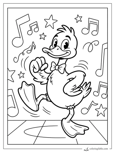 Retro duck dancing on a stage with a bow tie, raised webbed foot, music notes, and stars