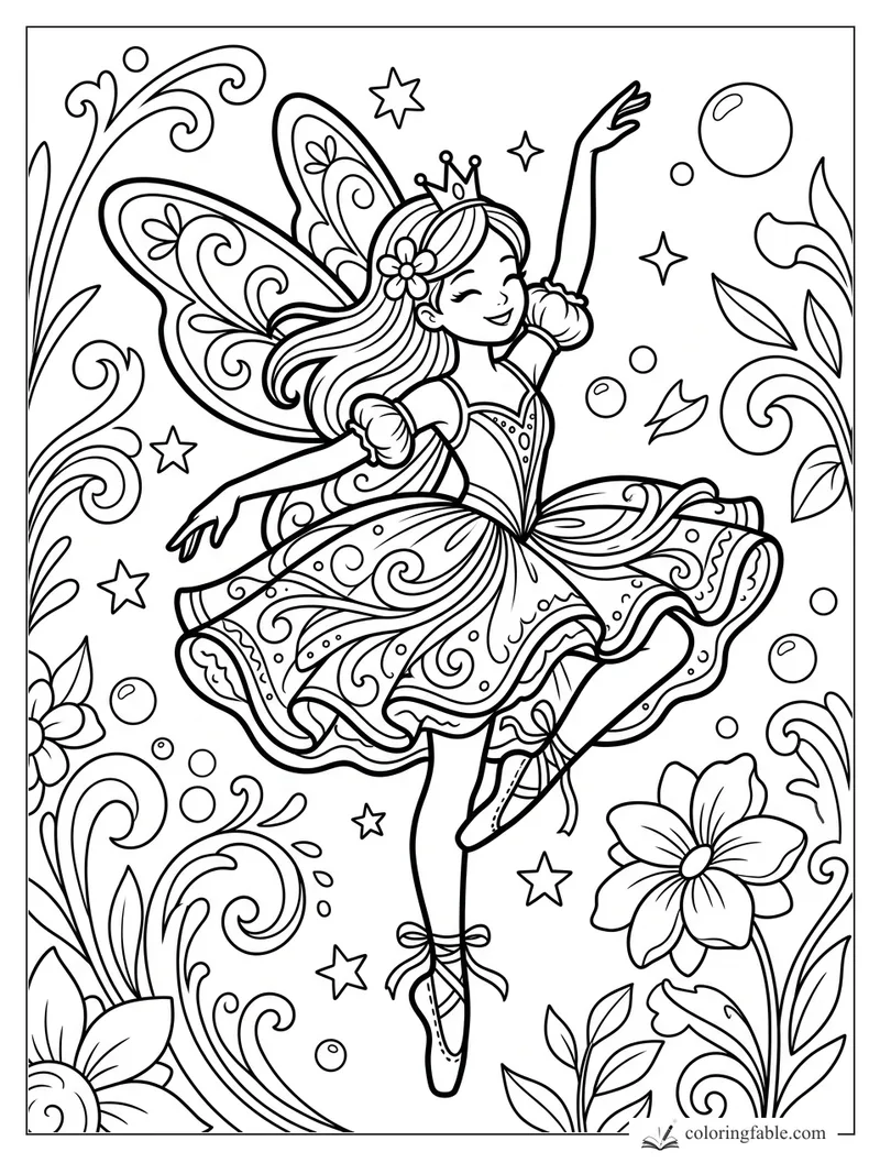 Cartoon fairy dancing with a crown, flower hair clip, patterned wings, stars, bubbles, and curling vines.