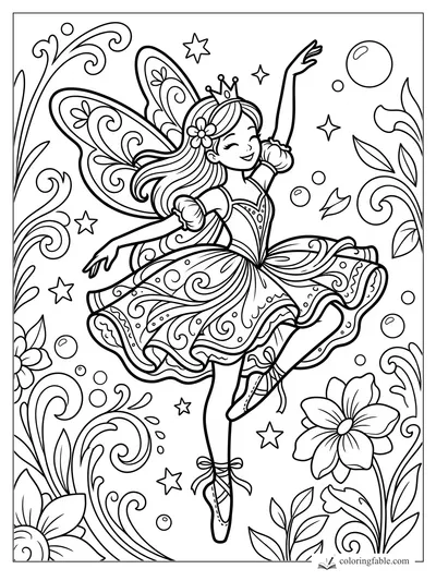 Cartoon fairy dancing with a crown, flower hair clip, patterned wings, stars, bubbles, and curling vines.