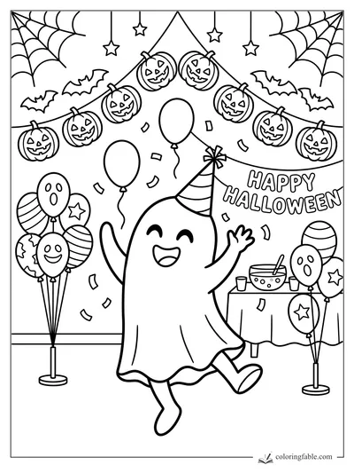 Cartoon ghost dancing in a party hat under pumpkin garlands, bats, balloons, and Happy Halloween sign