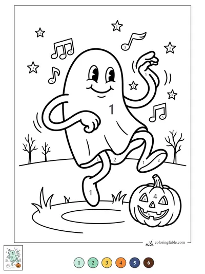 Dancing Ghost with Music Notes and Jack-o’-Lantern — color by number